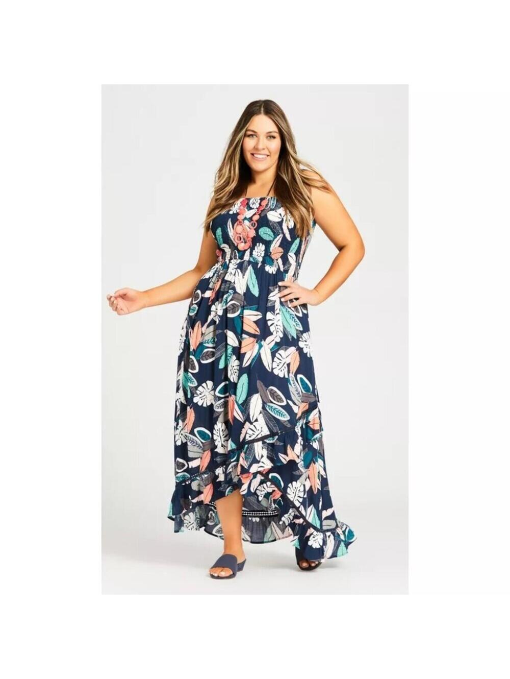 Avenue Navy Floral Smocked Maxi Dress Plus Size 14 16 NWT Hi-Low Crochet Trim